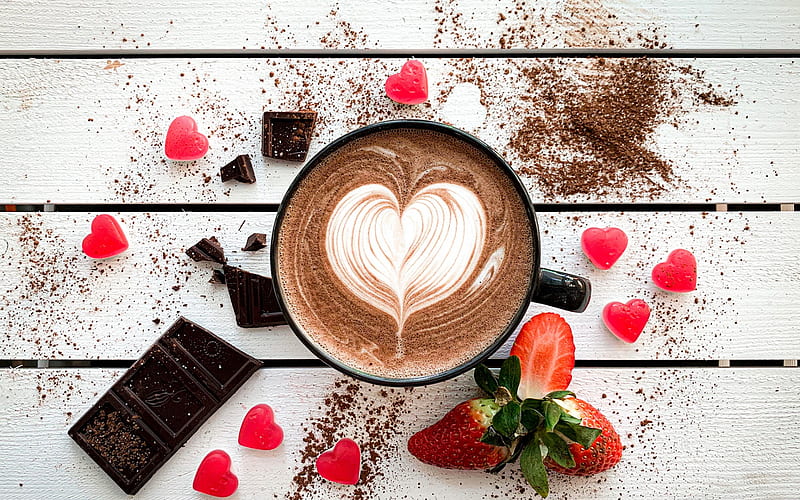 latte heart design, heart on coffee, love coffee concepts, latte art, heart on coffee foam, coffee, white cup, HD wallpaper