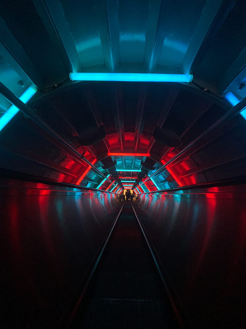 escalator, tunnel, dark, neon, blue, red, HD phone wallpaper