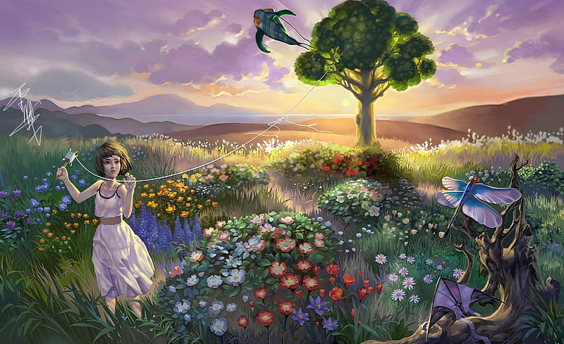 FLYING MY KITE, GRASS, SUMMER, WOMAN, TREES, FLOWERS, PAINTINGS, HD wallpaper