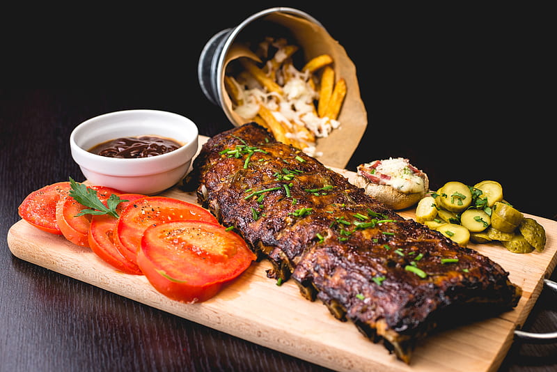 roasted ribs with sliced tomatoes and potatoes, HD wallpaper