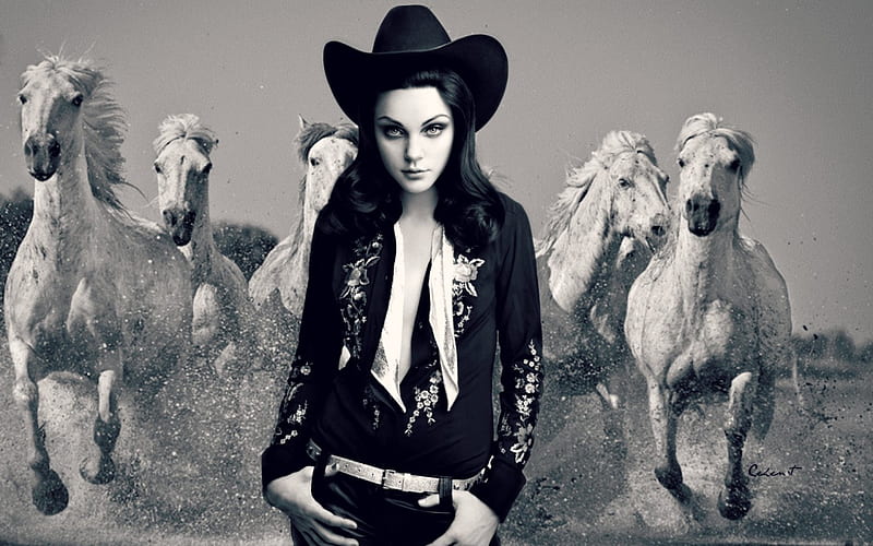 Jessica Stam, cowgirl, model, black, horse, woman, animal, hat, girl, white, blue, HD wallpaper