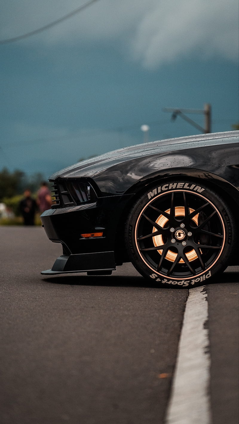 Black Mustang, alloys, black, car, carros, michelin, mustang, road, HD phone wallpaper
