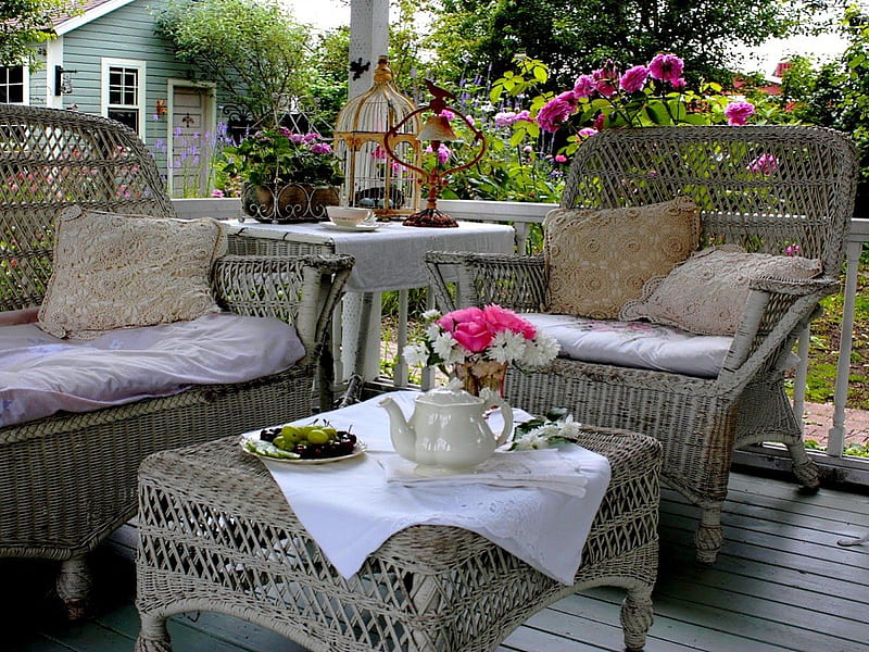 tea time on the porch, tea time, architectzre, house, porch, HD wallpaper
