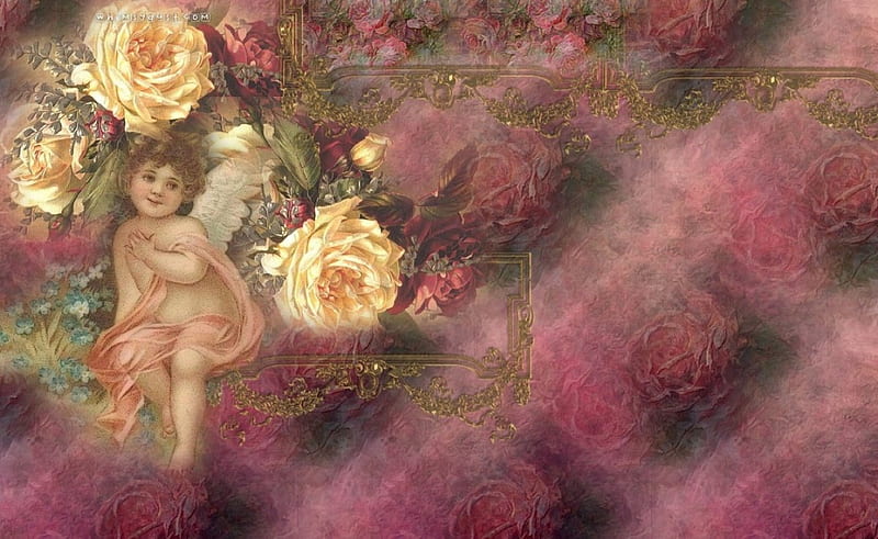 Vintage Roses and Cherub, purple, collages, roses, abstract, cherub, pink, vintage, HD wallpaper