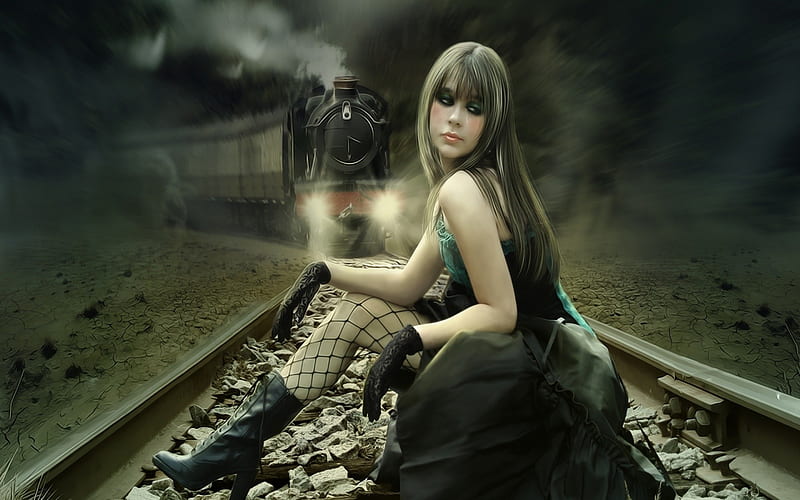 ★..D E S P A I R..★, rocks, pretty, women, stones, gloves, gothic love, face, lovely, glance, challenge, lips, cute, cool, sad, eyes, boots, trains, suicide, charm, bonito, hair, railway, girls, magnificent, despair, cry, female, worthless, colors, Fantasy, stockings, dark, HD wallpaper