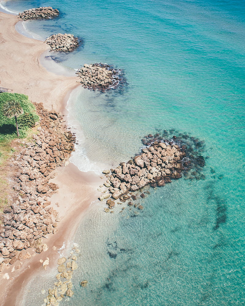 beach, sea, aerial view, water, sand, stones, HD phone wallpaper