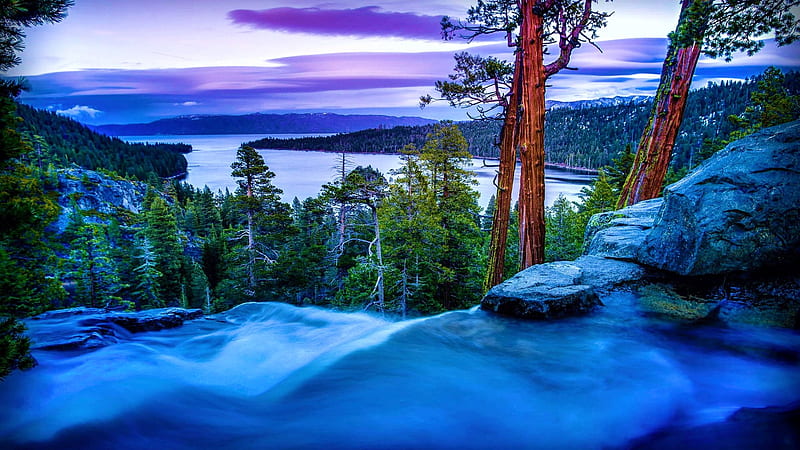 Emerald Bay State Park, Lake Tahoe, California, usa, trees, lanscape, waterfall, clouds, sky, HD wallpaper