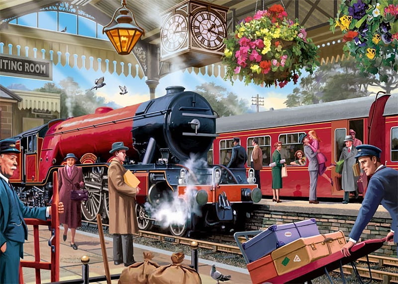 A Lovers Welcome, luggage, trains, love, platform, painting, steam, clock, vintage, HD wallpaper