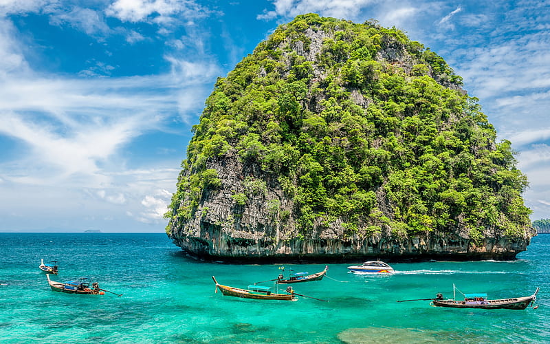 Vehicles, Canoe, Boat, Ocean, Rock, Thailand, HD wallpaper