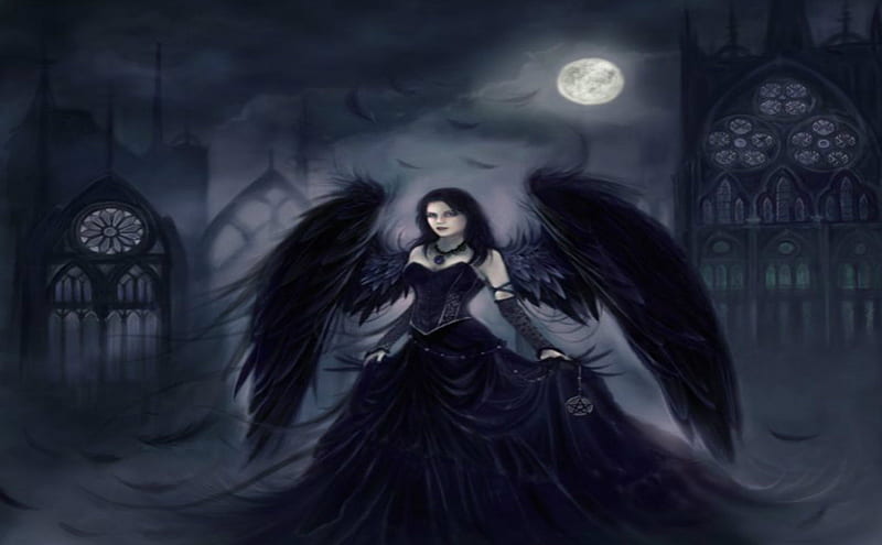 GOTHIC ANGEL 4, Black Feathers, Fantasy, dark, Angel, Moon, Gothic, Wings, Night, HD wallpaper
