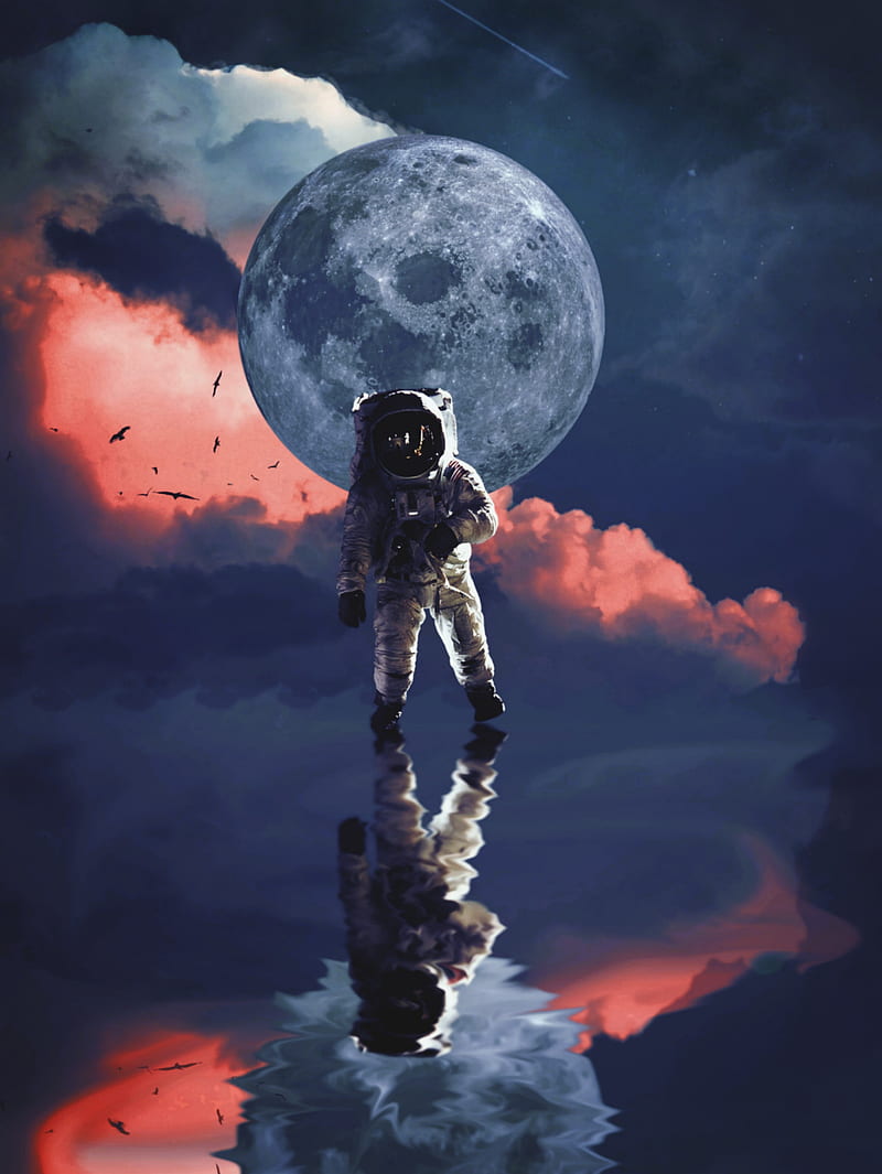 Astronaut Reflection, Astronaut, GEN_Z__, SF, astronaut suit, birds, blue, clouds, comet, cosmonaut, cosmos, digitalmanipulation, exploration, galaxy, landscape, minimal, mirror, moon, manipulation, red, reflection, science fiction, shooting star, sky, space, surreal, water, white, HD phone wallpaper
