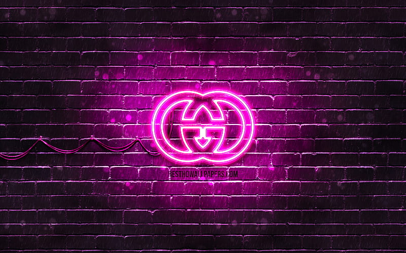 Gucci purple logo purple brickwall, Gucci logo, fashion brands, Gucci neon logo, Gucci, HD wallpaper