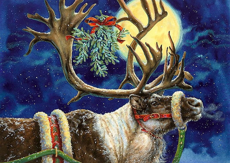 Santa's Reindeer, moon, christmas, artwork, night, deer, HD wallpaper