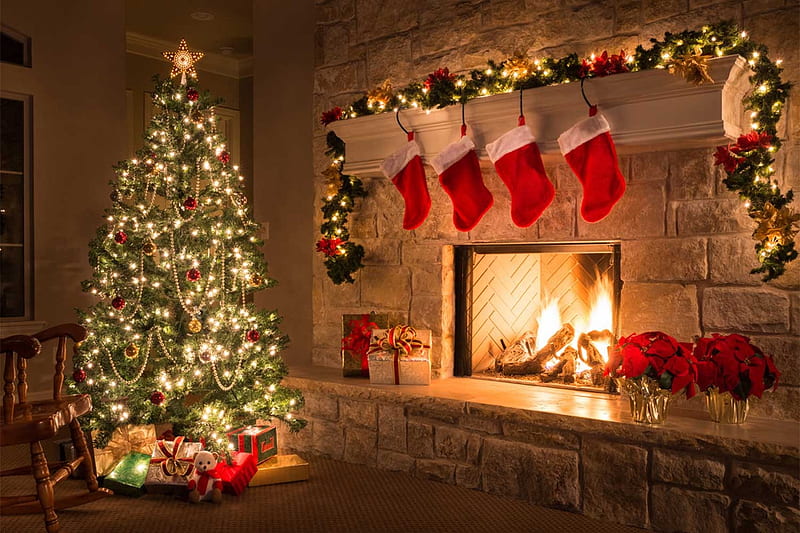 Christmas tree, tree, christmas, lights, chimney, HD wallpaper