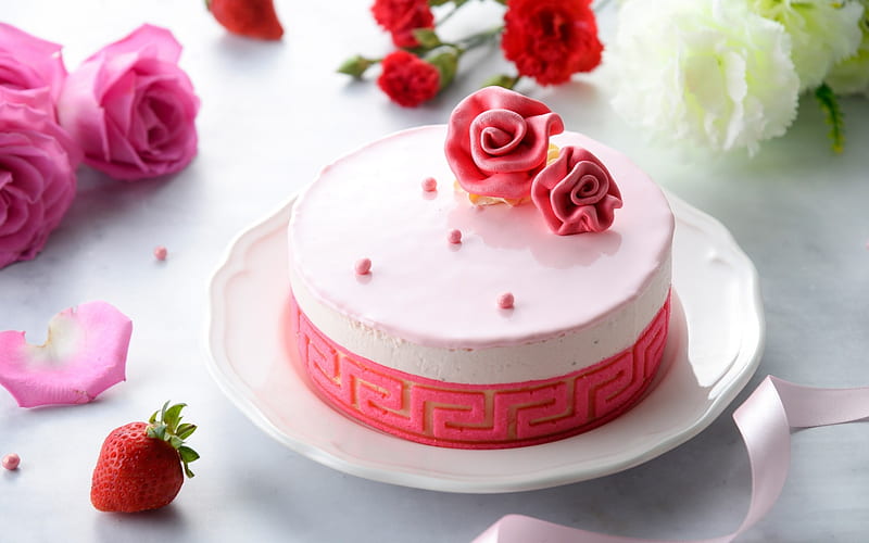 pink cake, birtay, red roses from cream, sugar roses, pastries, sweets, cakes, HD wallpaper