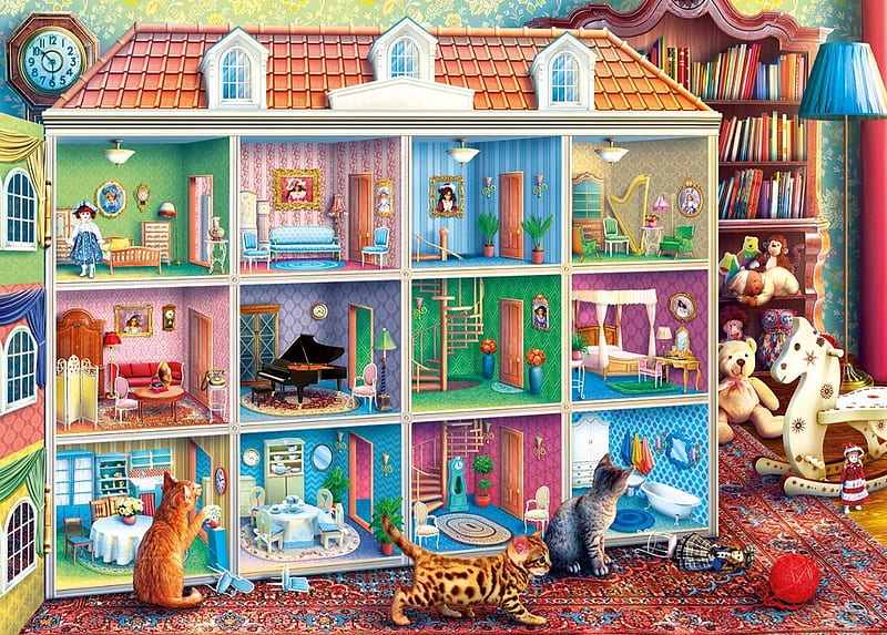 The doll house, cute, art, doll house, curious, kitten, cat, pisici, HD wallpaper