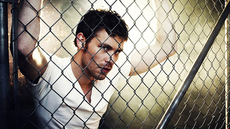 Damon Salvatore In White T-Shirt Near Chain Link Fence The Vampire Diaries, HD wallpaper