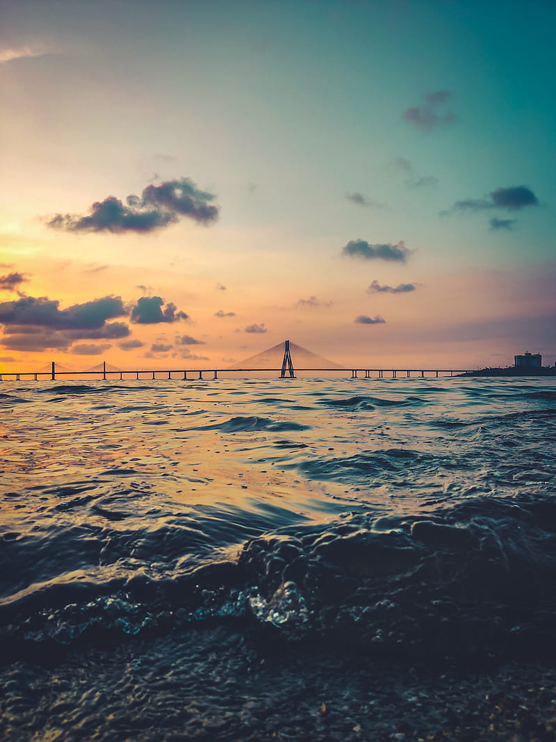 Mumbai Beach-Sealink, bandra, beach, nature, ocean, one plus, graphy, sealink, sunset, water, HD phone wallpaper