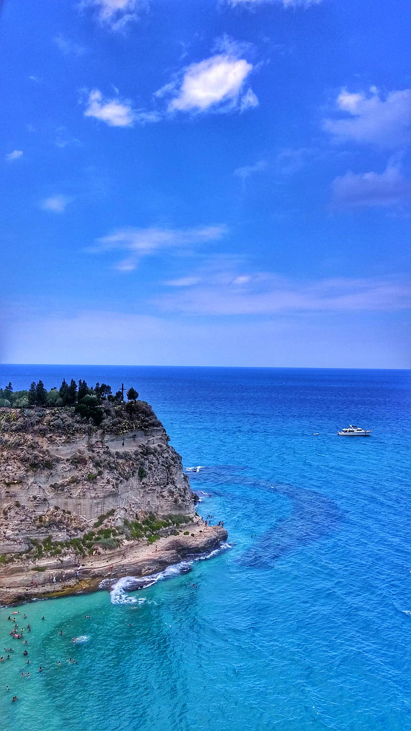 Tropea, beach, blue, italy, landscapes, nature, ocean, sea, sky, water, yacht, HD phone wallpaper