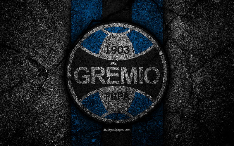 Gremio FC, logo, Brazilian Seria A, soocer, black stone, Brazil, Gremio, football club, asphalt texture, FC Gremio, HD wallpaper