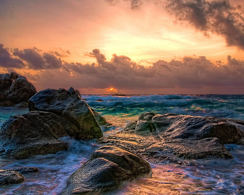 Rocks, beach, clouds, coast, ocean, sea, sunrise, sunset, wave, HD ...