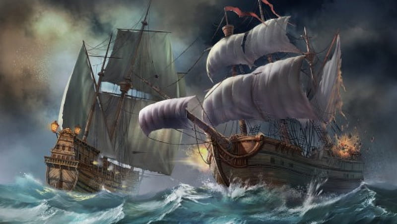 Battle Ships, ships, sky, storm, sea, fantast, HD wallpaper
