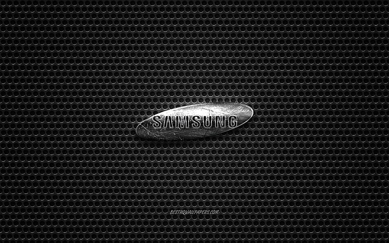 Samsung logo, steel polished logo, Samsung emblem, brands, metal mesh texture, black metal background, Samsung, HD wallpaper
