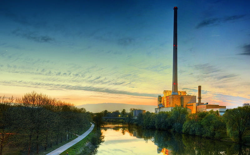 factory by the river in saarbrucken germany r, river, r, sunset, factory, chimney, HD wallpaper