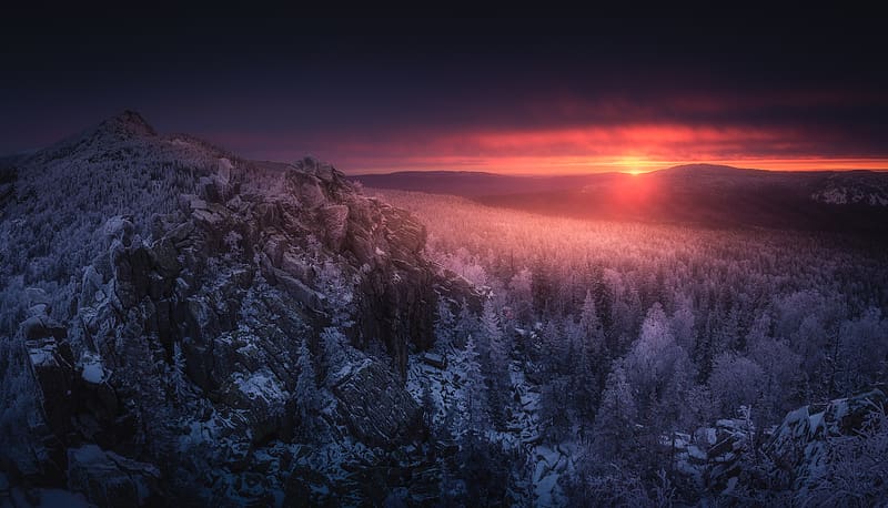 One More Sunset In The Ural Mountains , snow, sunset, mountains, nature, HD wallpaper