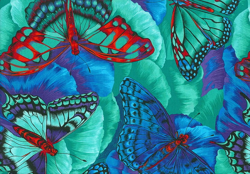JEWELS OF THE BUTTERFLIES, jewels, color, blues, butterflies, teals, reds, HD wallpaper