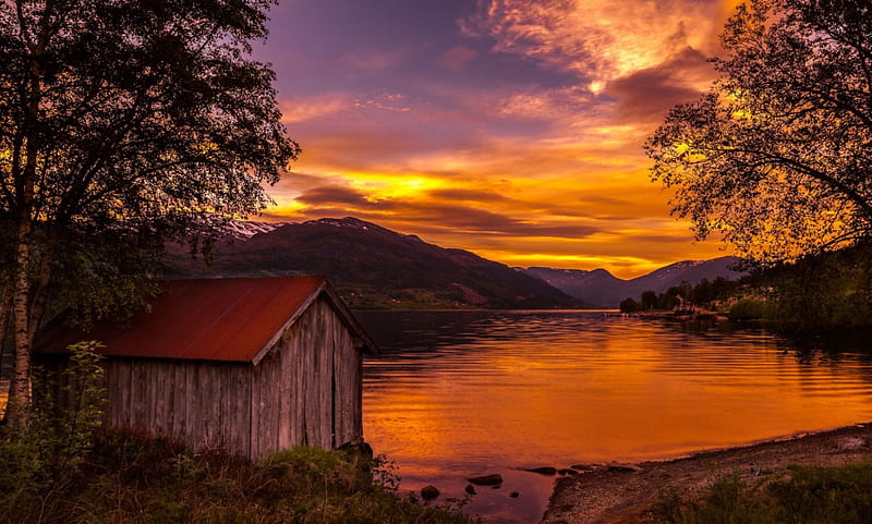 The Boathouse Of The Lake At Sunset, golden ambient, bonito, sunset, trees, sky, clouds, lake, calm, mountains, Norway, HD wallpaper