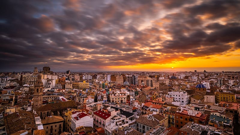 Cities, Sunset, Sky, City, Cloud, Valencia, Spain, HD wallpaper