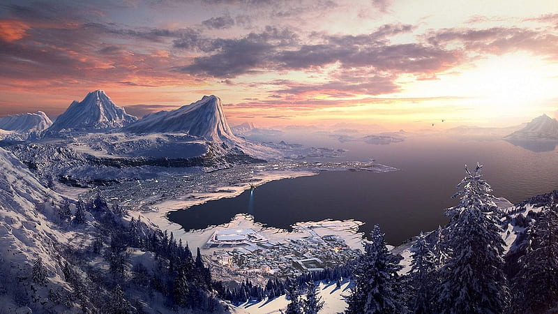 Snowy winter scene, Town, Sunset, Winter, Landscape, Mountains, Trees, Clouds, Sunlight, Snow, Bay, HD wallpaper