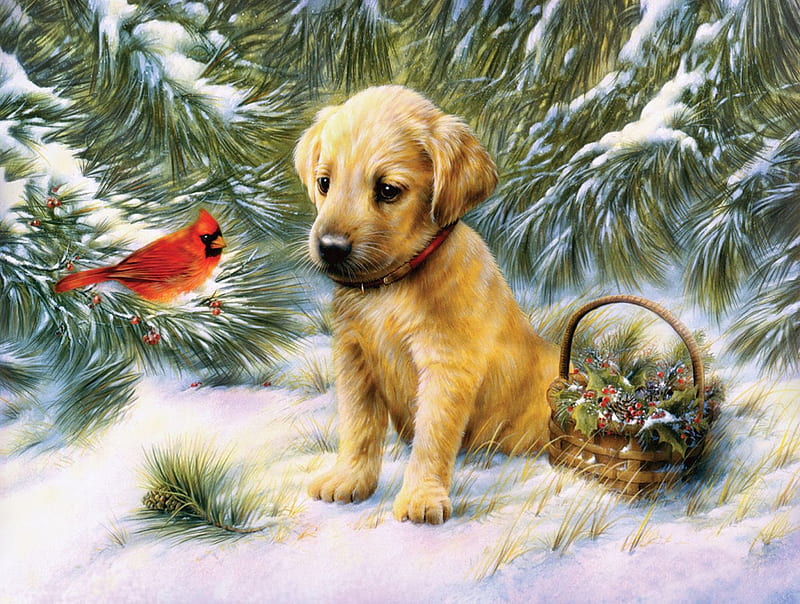 Christmas Pals F2Cmp, Christmas, art, holiday, Cardinal, December, songbird, illustration, artwork, canine, painting, wide screen, occasion, scenery, puppy, dog, HD wallpaper