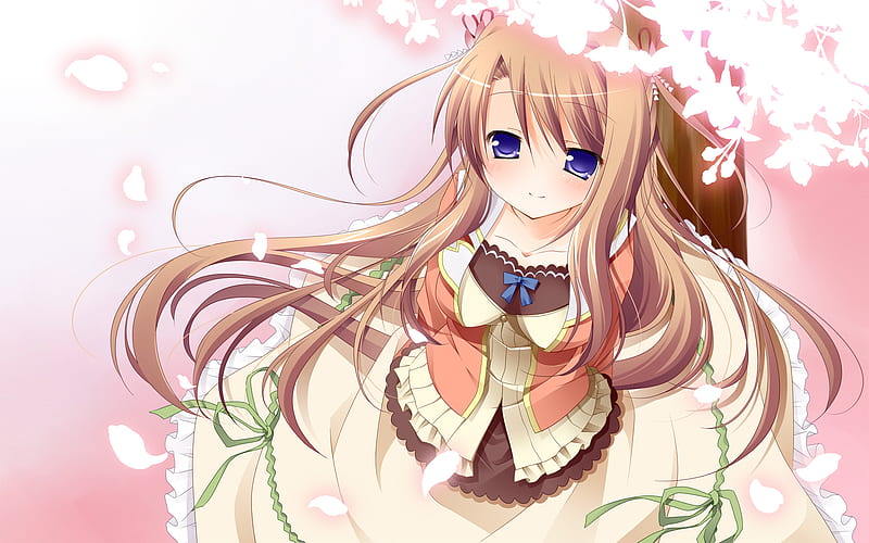 Anime Cutey, clothes, dress brown, orange, background, cyan, hair, green anime, flowers, pink, light, blue, outfit, clothing, girl, purple, flower, eyes, HD wallpaper
