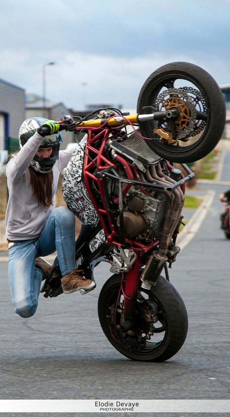 Biker girl, cafe, motor, motorcycle, racer, triumph, HD phone wallpaper