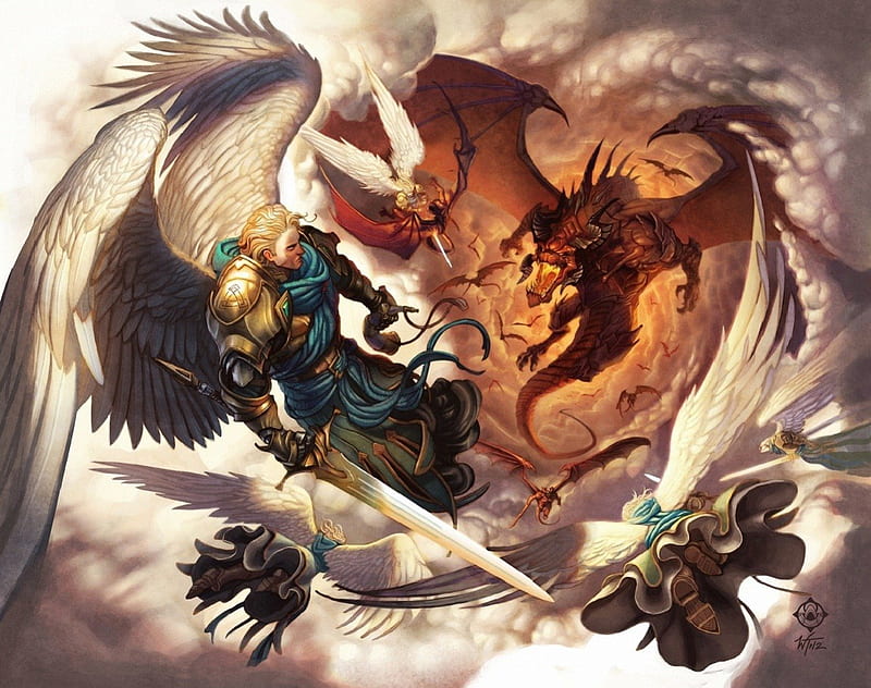 Angels Fighting Dragon Men, Angels, Spears, Clouds, Swords, Dragon Men ...