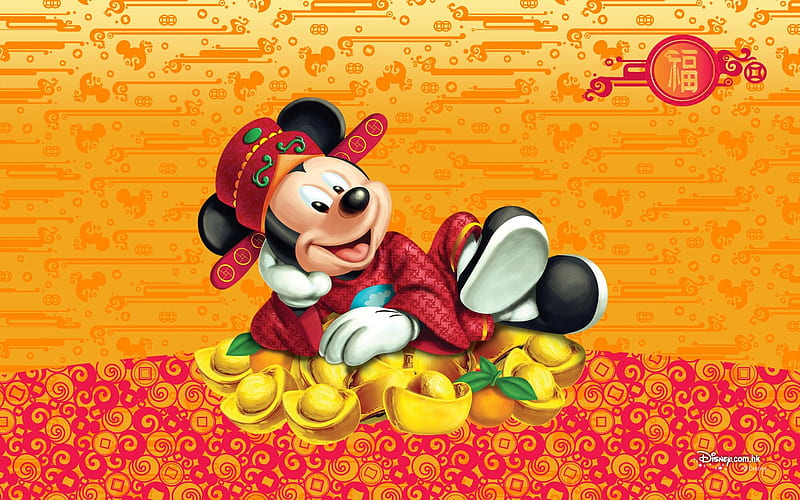 Mickey Mouse, red, money, orange, golden, yellow, asian, disney, HD wallpaper