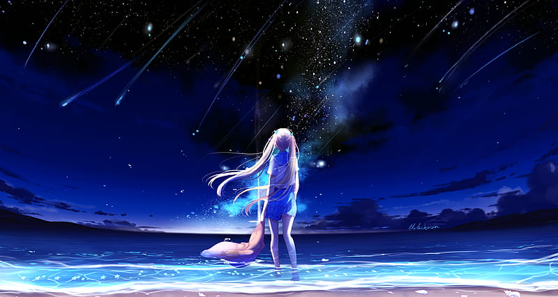 Animegirl Night Sea Stars Fantasy, anime-girl, anime, artist, artwork, digital-art, fantasy, HD wallpaper