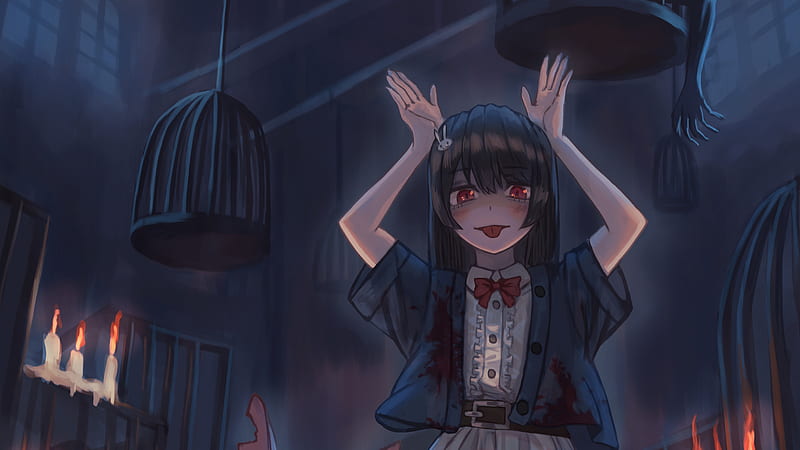 anime girl, creepy, red eyes, bird cage, ribbon, tongue, Anime, HD wallpaper
