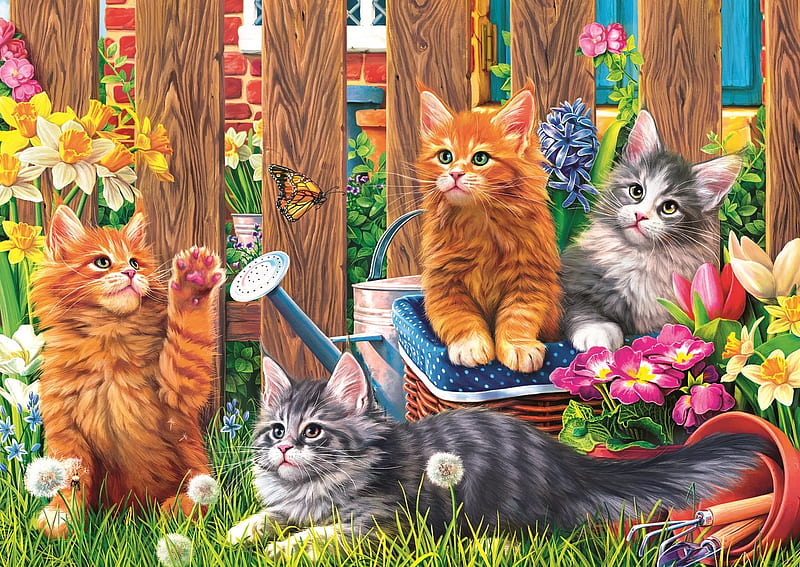 Springtime Kitties, daffodils, fence, butterfly, painting, flowers, cats, artwork, HD wallpaper