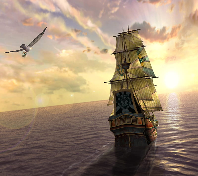 Sailing Ship, gull, ocean, sea, sky, voyage, water, waves, HD wallpaper