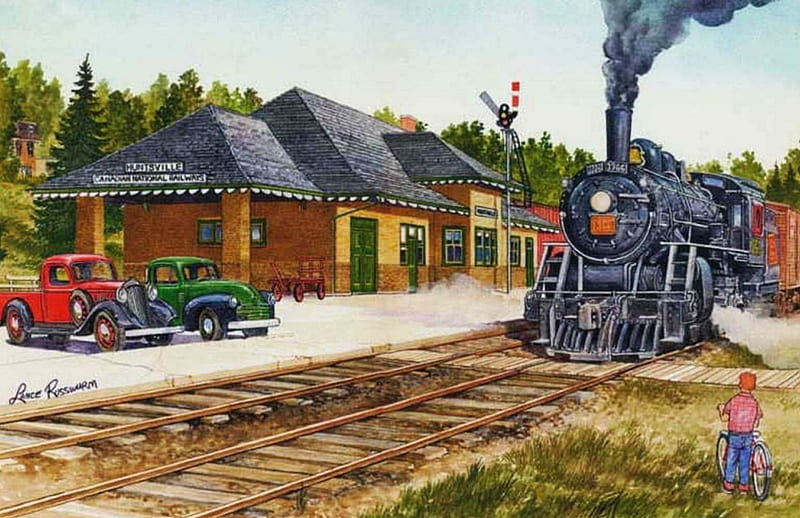 Huntsville Station, locomotive, train, car, painting, steam, railways, artwork, HD wallpaper