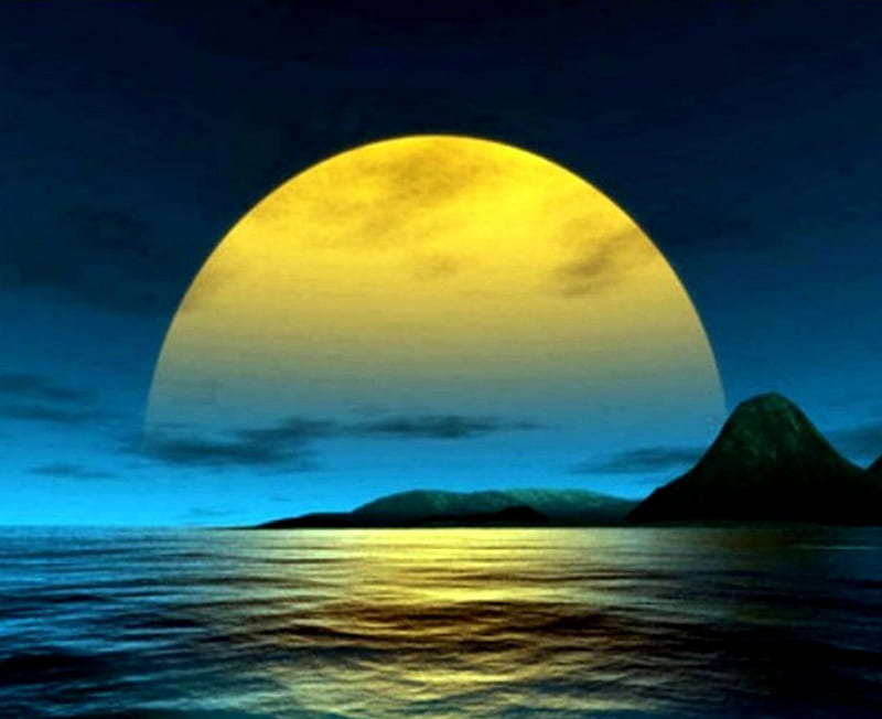 YELLOW MOON, blue, jaune, lune, ciel, HD wallpaper