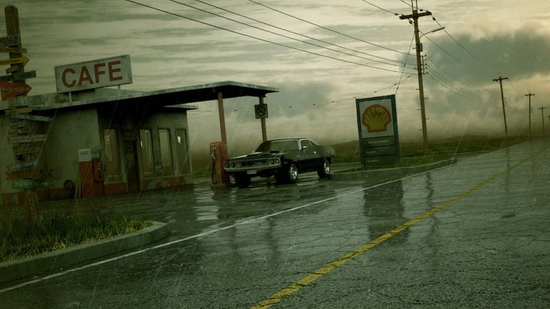 dodge charger at a gas station in the rain, highway, gas station, rain, car, HD wallpaper