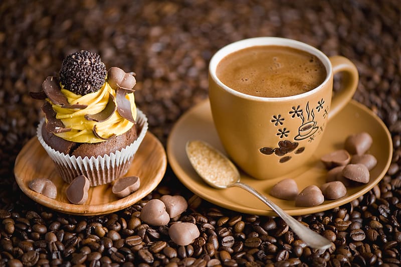 Food, Chocolate, Coffee, Cup, Drink, Coffee Beans, Cupcake, Pastry, HD wallpaper