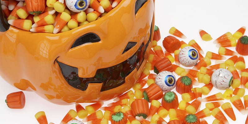 Happy Halloween!, corn, candy, orange, food, halloween, smile, sweet, dessert, pumpkin, white, eyes, HD wallpaper