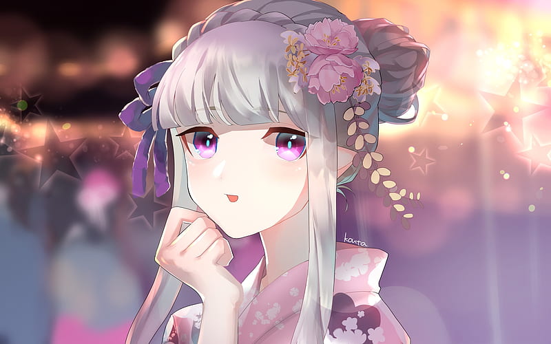 Emilia, stars, artwork, manga, Re Zero, kimono, HD wallpaper