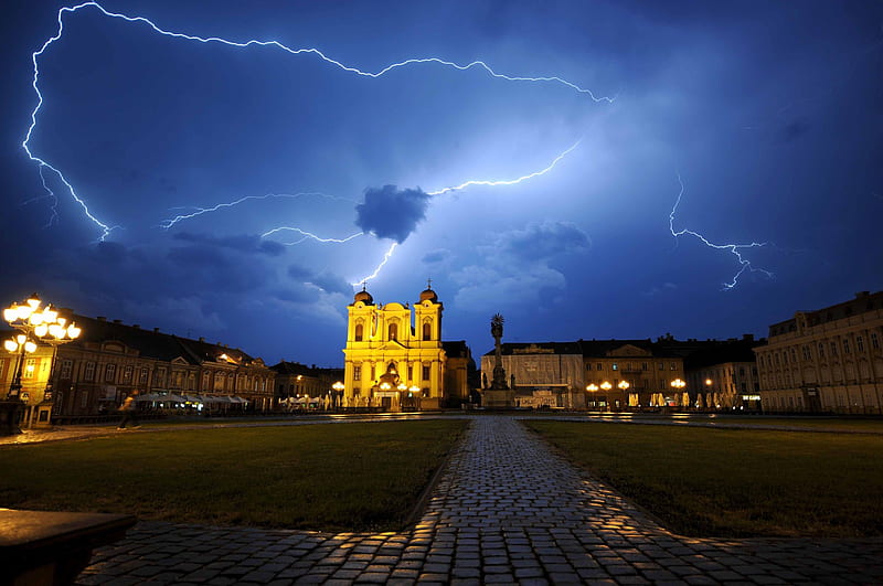 Lightning Illumination, building, architecture, lighting, illumination, church, sky, storm, night, HD wallpaper