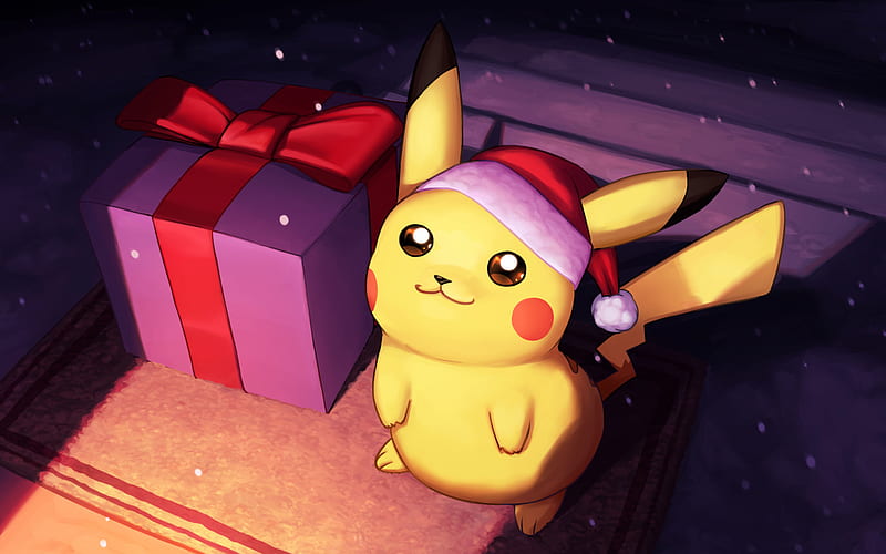Santa Pikachu, Happy New Year, Pokemon, Pikachu, chubby rodent, artwork, gifts boxes, HD wallpaper